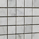 Close-up of Carrara White Marble Mosaic showing 1x1 polished squares with gray veining