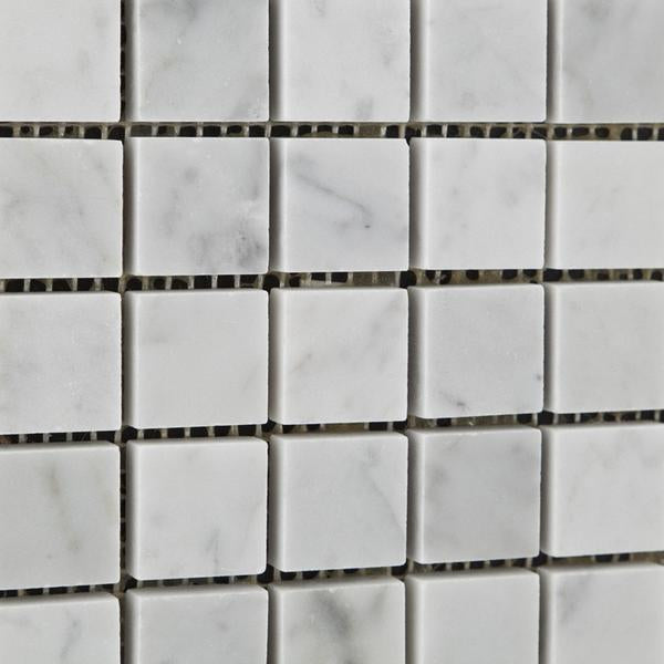 Close-up of Carrara White Marble Mosaic showing 1x1 polished squares with gray veining