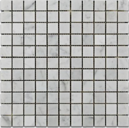 Flat view of Carrara White 1x1 Marble Mosaic Tile in polished finish, 12x12 sheet