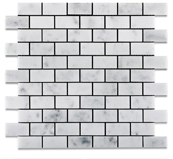 Flat view of Carrara White 1x2 Brick Marble Mosaic Tile in polished finish, 12x12 sheet