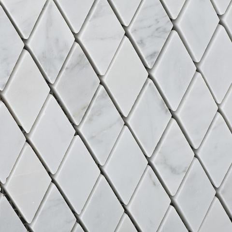 Close-up of Carrara White Diamond Marble Mosaic showing polished veining and diamond pattern