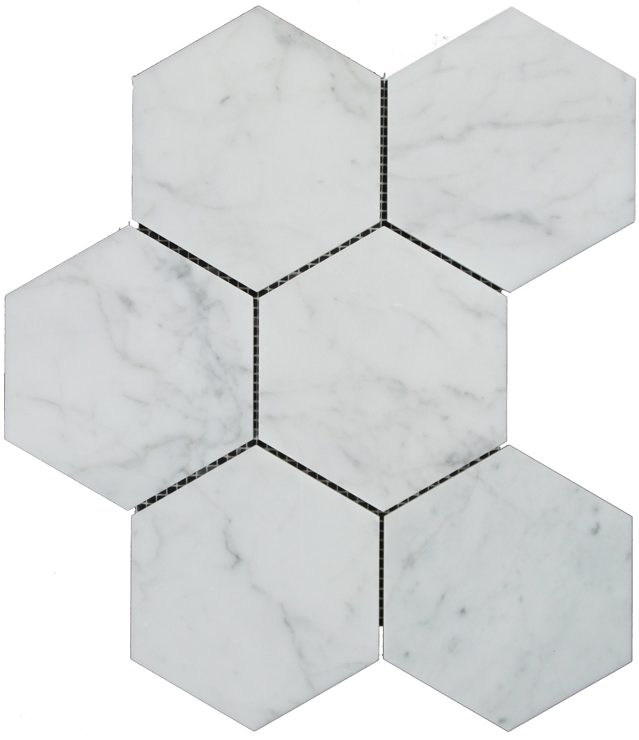 Flat lay of Carrara White 5-inch hexagon marble tile with polished finish
