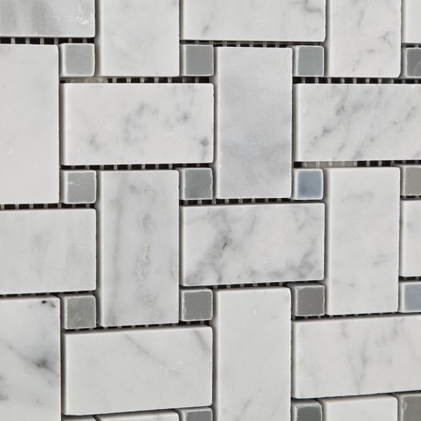 Close-up of basketweave pattern featuring Carrara white strips and blue dot accents in polished marble