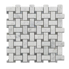 Flat view of Carrara White Basketweave Mosaic with Blue Dots in polished finish, 12x12 marble sheet