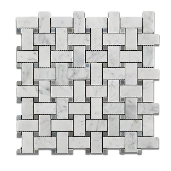 Flat view of Carrara White Basketweave Mosaic with Blue Dots in polished finish, 12x12 marble sheet