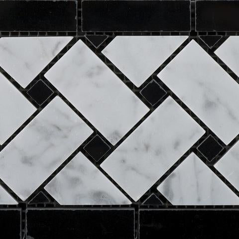 Close-up of Carrara White Basketweave Border showing polished finish and interwoven white marble pattern
