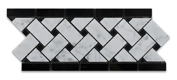 Flat view of Carrara White Basketweave Border in polished finish, 5x12 marble tile without accents