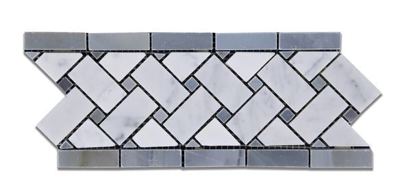 Flat view of Carrara White Basketweave Border with Blue Dots in polished 5x12 marble tile