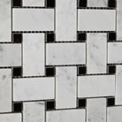 Close-up of Carrara Basketweave Mosaic showing interwoven polished marble pattern and veining