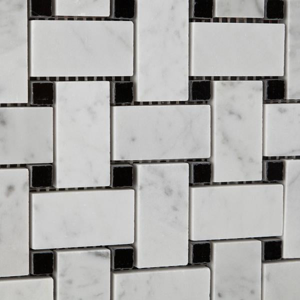 Close-up of Carrara Basketweave Mosaic showing interwoven polished marble pattern and veining
