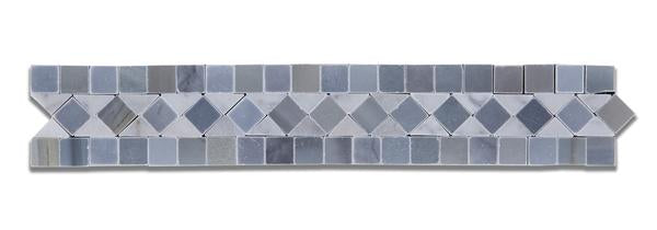 Flat view of Carrara White Bias Border with Blue Dots in polished finish, 2x12 marble trim tile