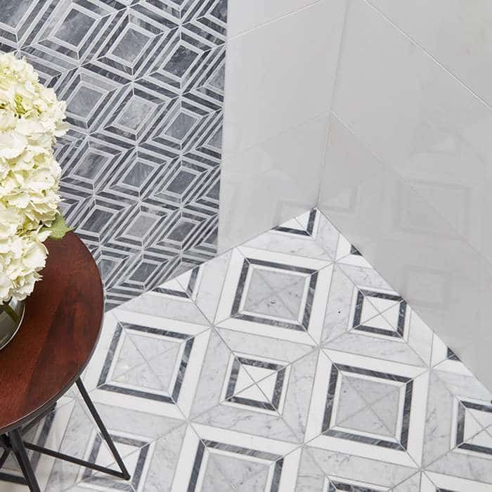 Carrara White Fiorentina Mosaic installed on a floor for a luxurious European look