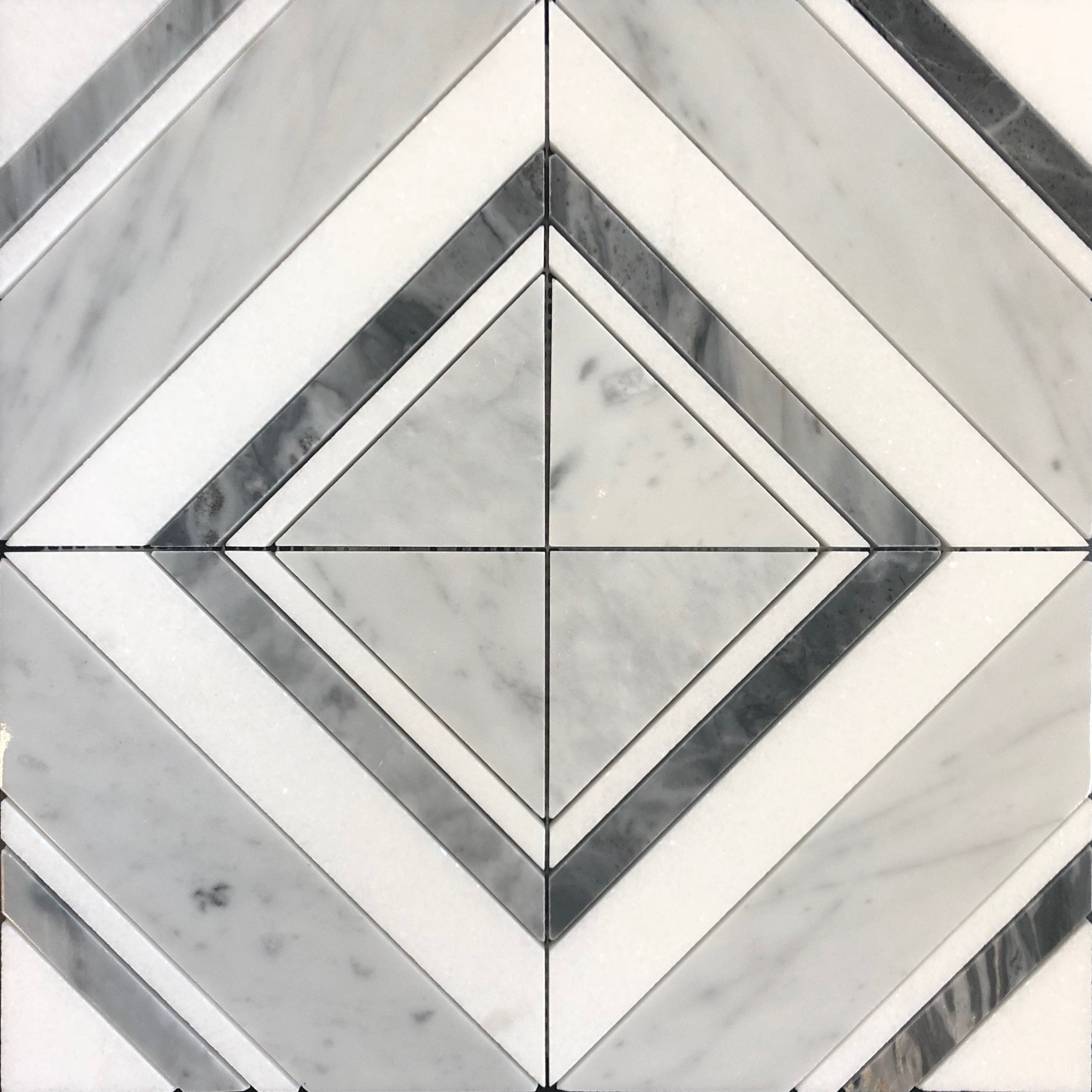 Flat view of Carrara White Fiorentina Polished Marble Mosaic with white and gray veining
