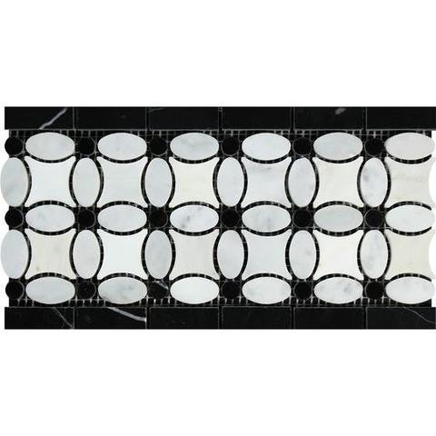 Flat view of Carrara White Florida Flower Border in polished finish, 11x7 all-white marble tile