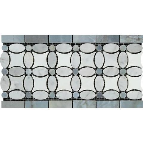 Flat view of Carrara White Florida Flower Border with Blue Accent in polished 11x7 marble tile