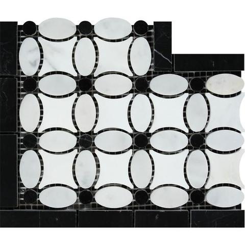 Flat view of Carrara White Florida Flower Corner in polished finish, 5x12 marble tile