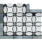 Flat view of Carrara White Florida Flower Corner with Blue Accent, 5x12 polished marble tile