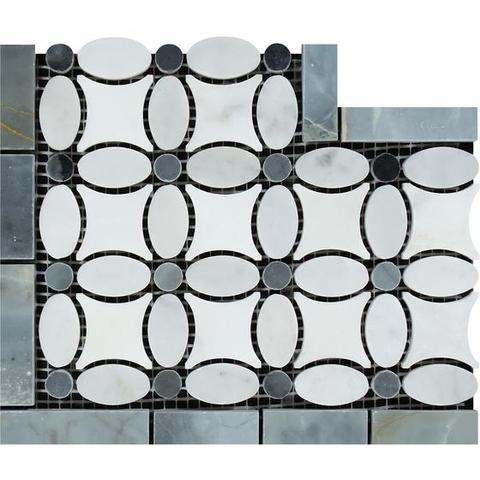 Flat view of Carrara White Florida Flower Corner with Blue Accent, 5x12 polished marble tile