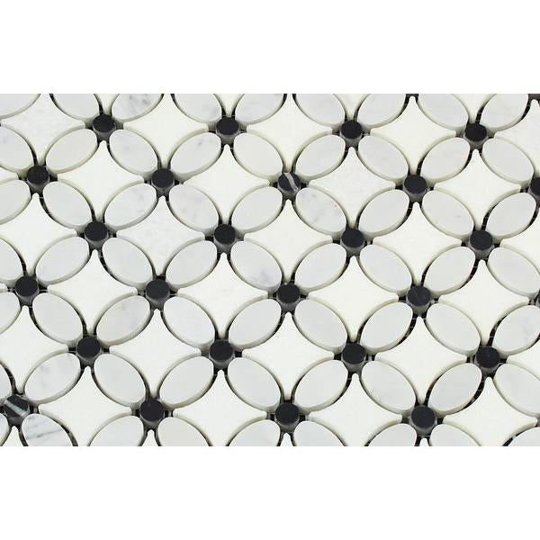 Close-up of Carrara Florida Flower Mosaic showing polished marble petals and delicate veining