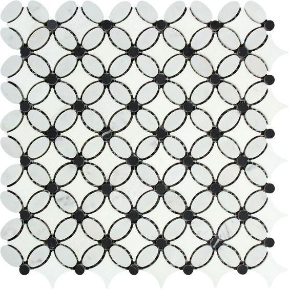 Flat view of Carrara White Florida Flower Mosaic in polished 12x12 sheet with all-white marble petals