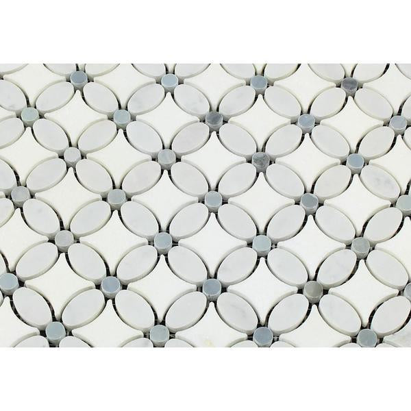 Close-up of Florida flower pattern mosaic in Carrara White with polished blue marble centers