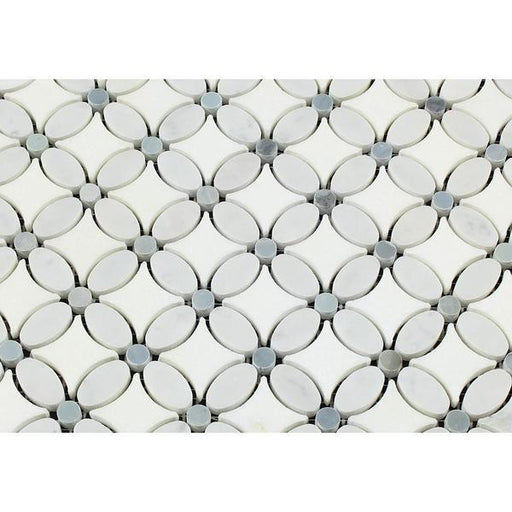 Close-up of Florida flower pattern mosaic in Carrara White with polished blue marble centers
