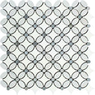 Flat view of Carrara White Florida Flower Mosaic with Blue Accents in polished 12x12 marble sheet