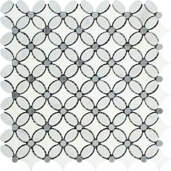 Flat view of Carrara White Florida Flower Mosaic with Blue Accents in polished 12x12 marble sheet