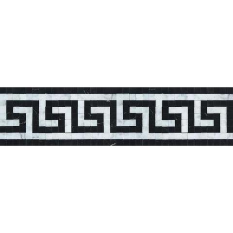 Flat view of Carrara White Greek Key Marble Border Tile in polished finish, 4x12 format