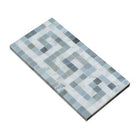 Flat view of Carrara White Greek Key Border with Blue Accent in polished 4x12 marble tile