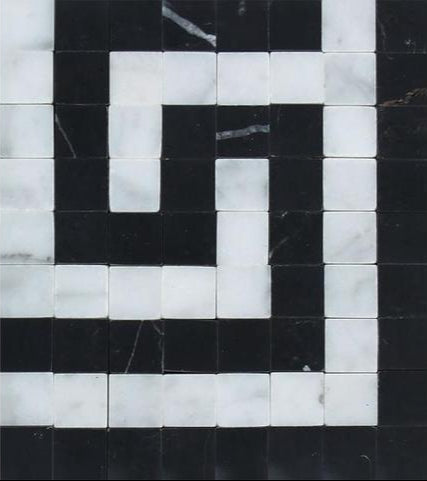 Flat view of Carrara White Greek Key Corner with Black Accent in polished finish, 4x4 marble tile