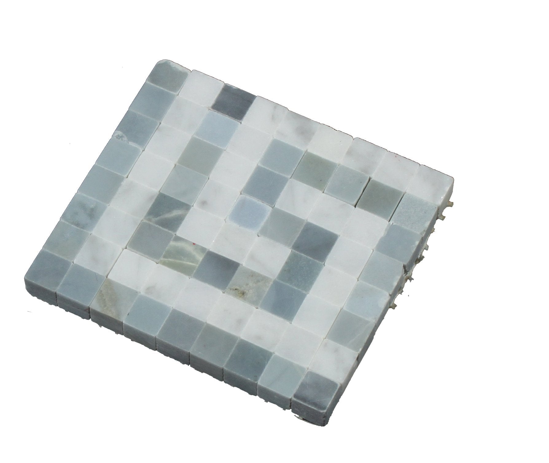 Close-up of Carrara White Marble Greek Key Corner with deep blue inset and polished finish