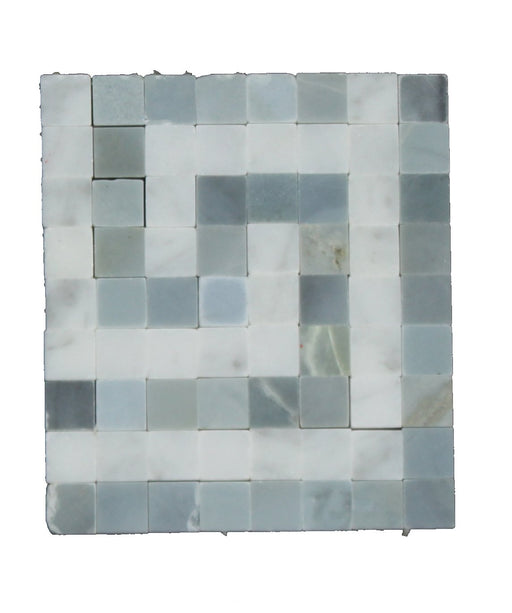 Flat view of Carrara White Greek Key Corner with Blue Accent in polished finish, 4x4 marble tile