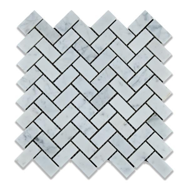 Flat view of Carrara White Marble 1x2" Herringbone Mosaic in polished finish, featuring classic white with soft gray veining