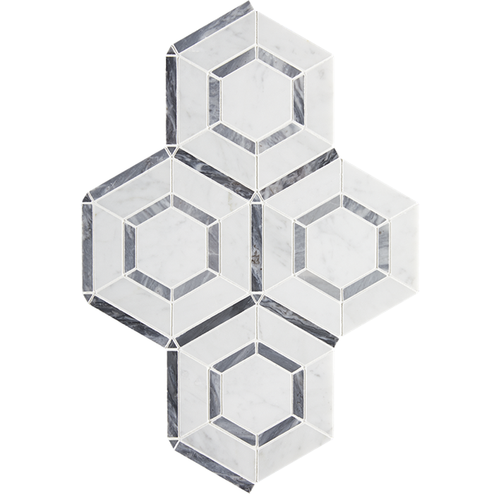 Flat view of Carrara White Hex Grigio Marble Mosaic Tile in polished finish, 0.82 sq ft sheet
