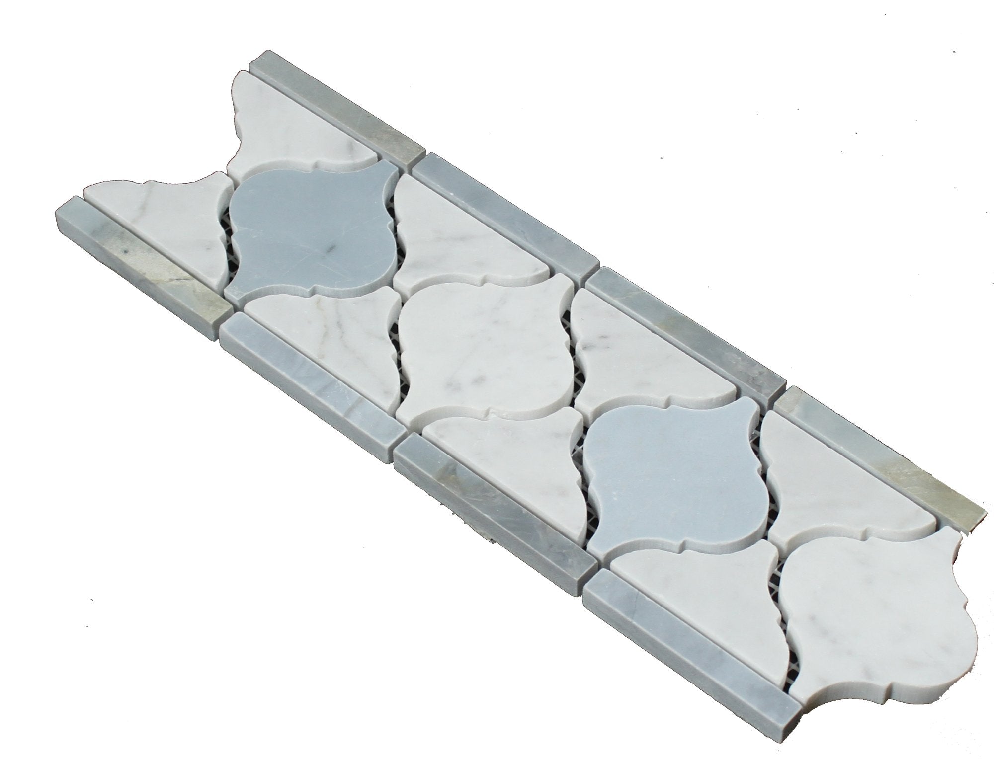 Flat view of Carrara White Lantern Border 4x12 in polished marble, showing elegant veining