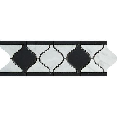 Flat view of Carrara White Lantern Border with Black Accent in 4x12 polished marble tile