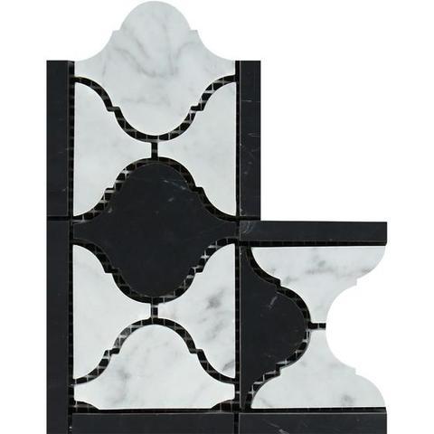 Flat view of Carrara White Lantern Border with Black Corner in polished finish, 4x8 marble tile