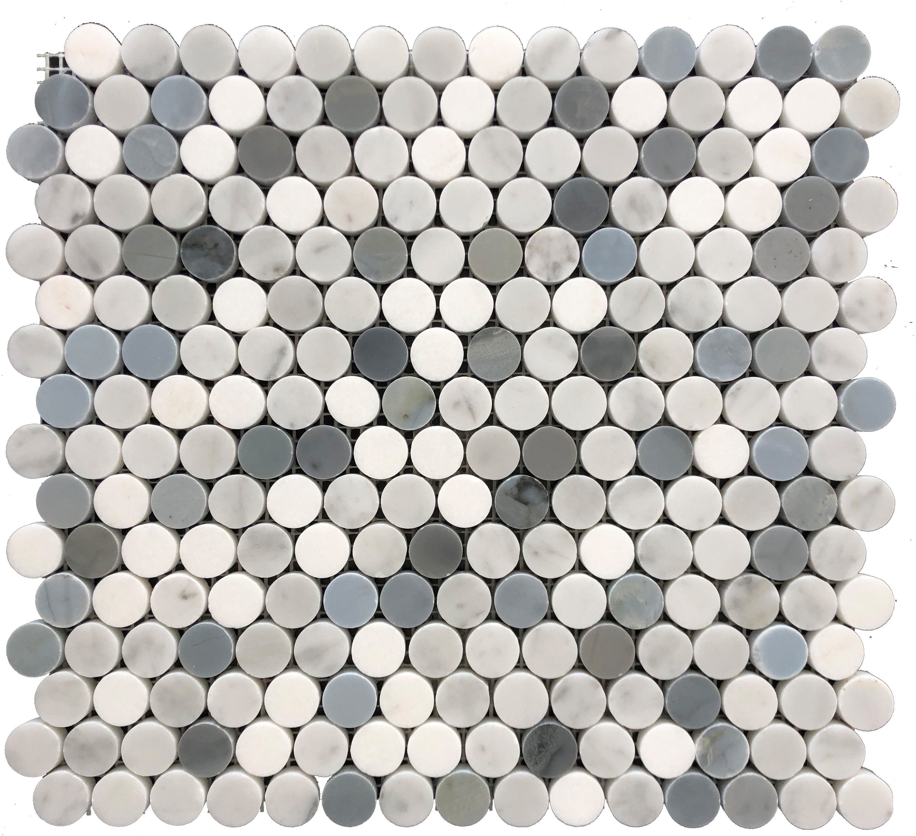 Flat view of Carrara White 1-inch Penny Round Marble Mosaic with polished finish