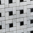 Close-up of Carrara White Pinwheel Marble Mosaic showing white base and gray veining