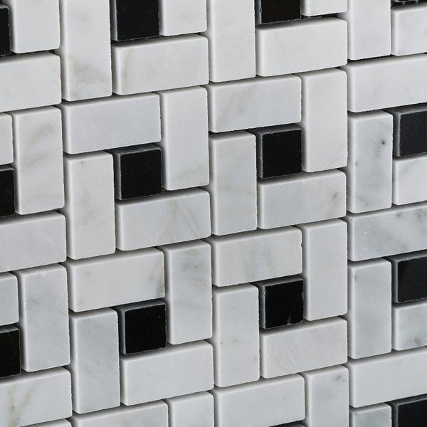 Close-up of Carrara White Pinwheel Marble Mosaic showing white base and gray veining