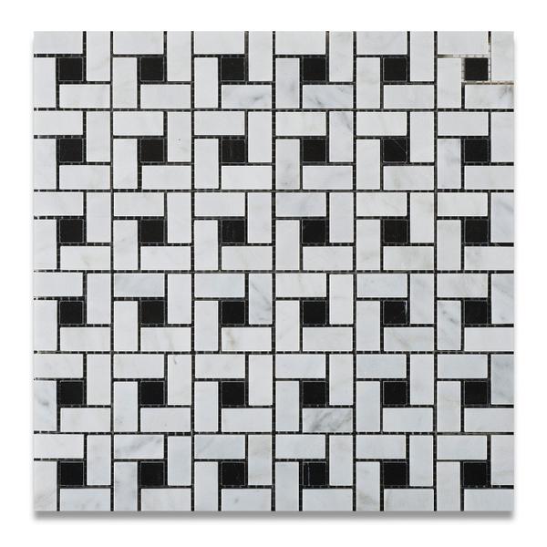 Flat view of Carrara White Pinwheel Mosaic Tile in polished finish with Italian marble