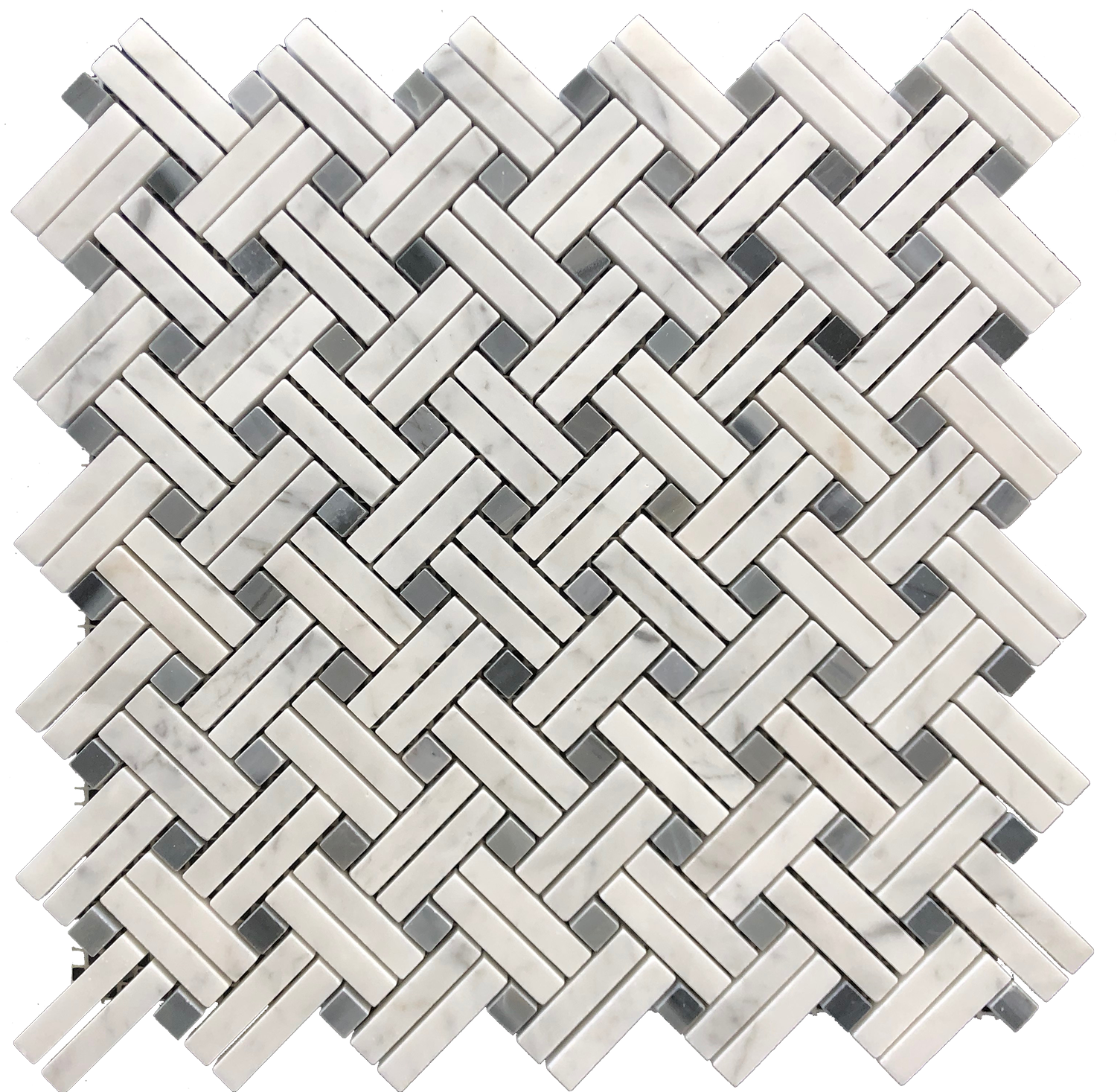 Flat view of Carrara White Stanza Marble Mosaic with blue inserts in polished finish