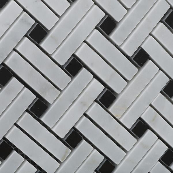 Close-up of Carrara Stanza Mosaic showing rectangular white and gray marble tiles