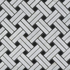 Close-up of Carrara Stanza Mosaic showing rectangular white and gray marble tiles