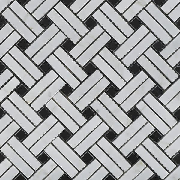 Close-up of Carrara Stanza Mosaic showing rectangular white and gray marble tiles