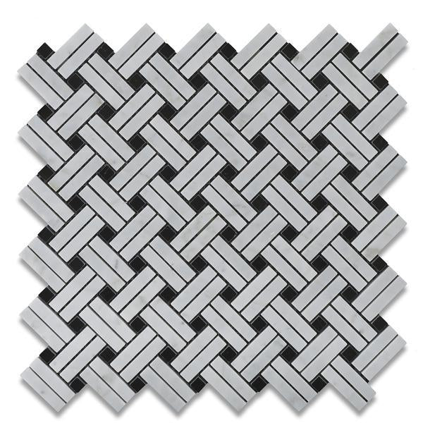Flat view of Carrara White Stanza Marble Mosaic with polished finish and linear pattern