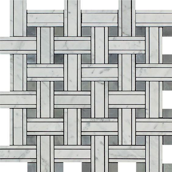 Flat view of Carrara White Triple Weave Mosaic with blue marble inserts in polished finish