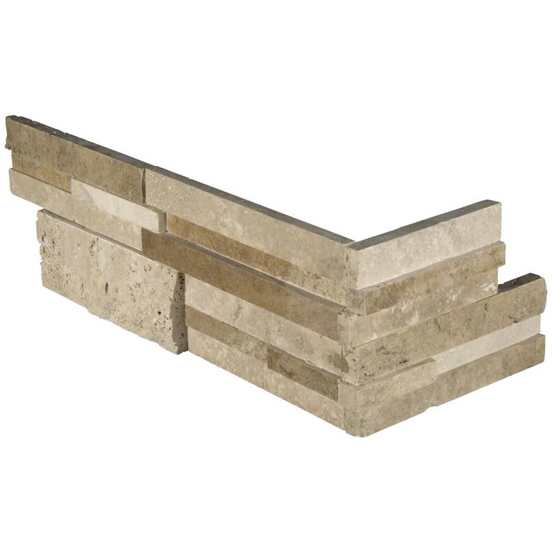 Flat lay of Casa Blend 3D stacked stone corner in honed and split face travertine