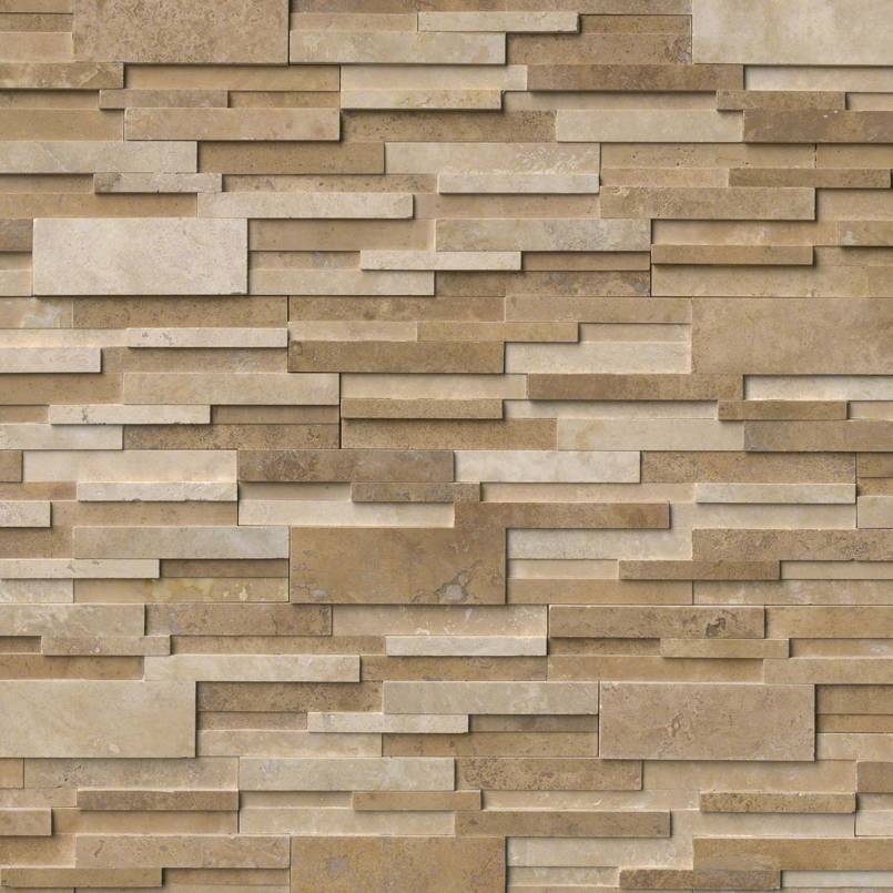 Flat lay of Casa Blend 3D Honed travertine ledger panel in soft cream and beige